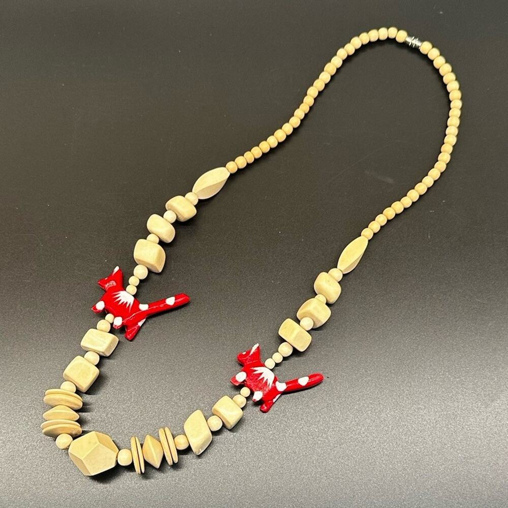 Necklace Neutral Wood Beads Painted Red White Cat Fox African Animal Style